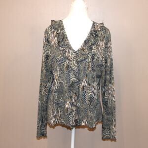 Laura Ashley Ruffle V-Neck Paisley Long Sleeve Top SZ L